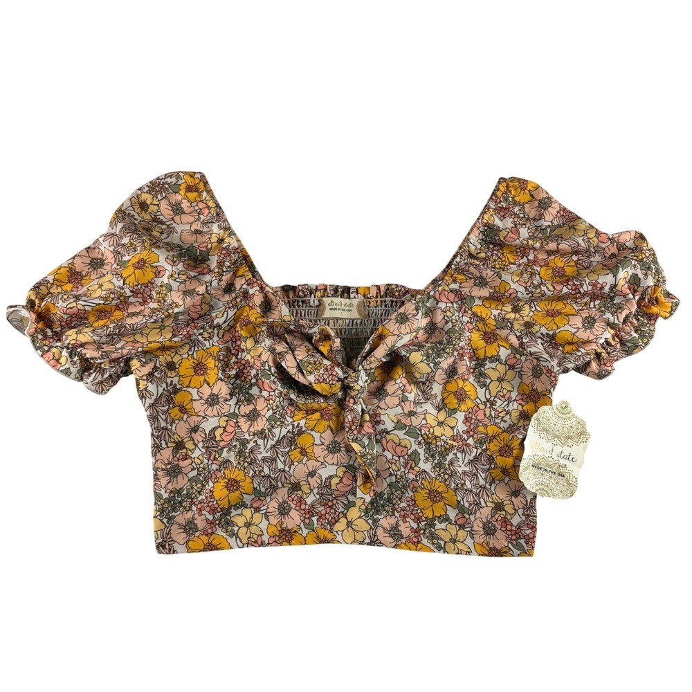 Altar'd State Floral Tie Front Crop Top Ivory Yellow Puff Sleeve Women's Small